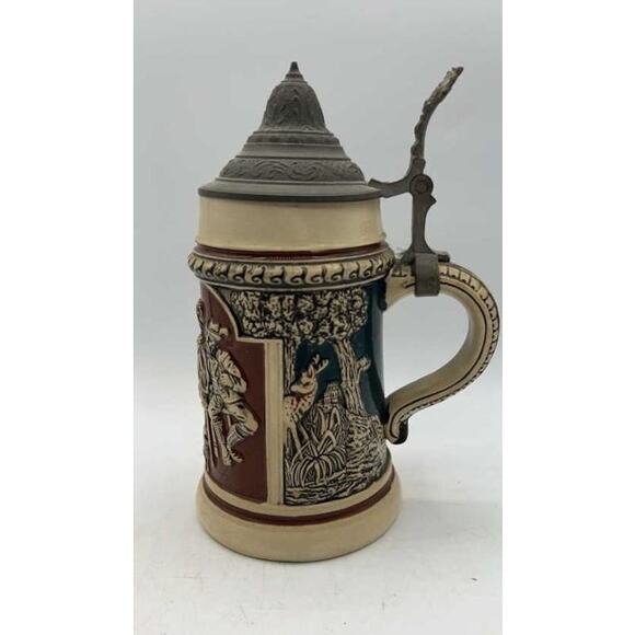 VTG German Beer Stein 0.5L Pewter Lid Relief Scene Marked 1005 Bavaria Style - Picture 1 of 15